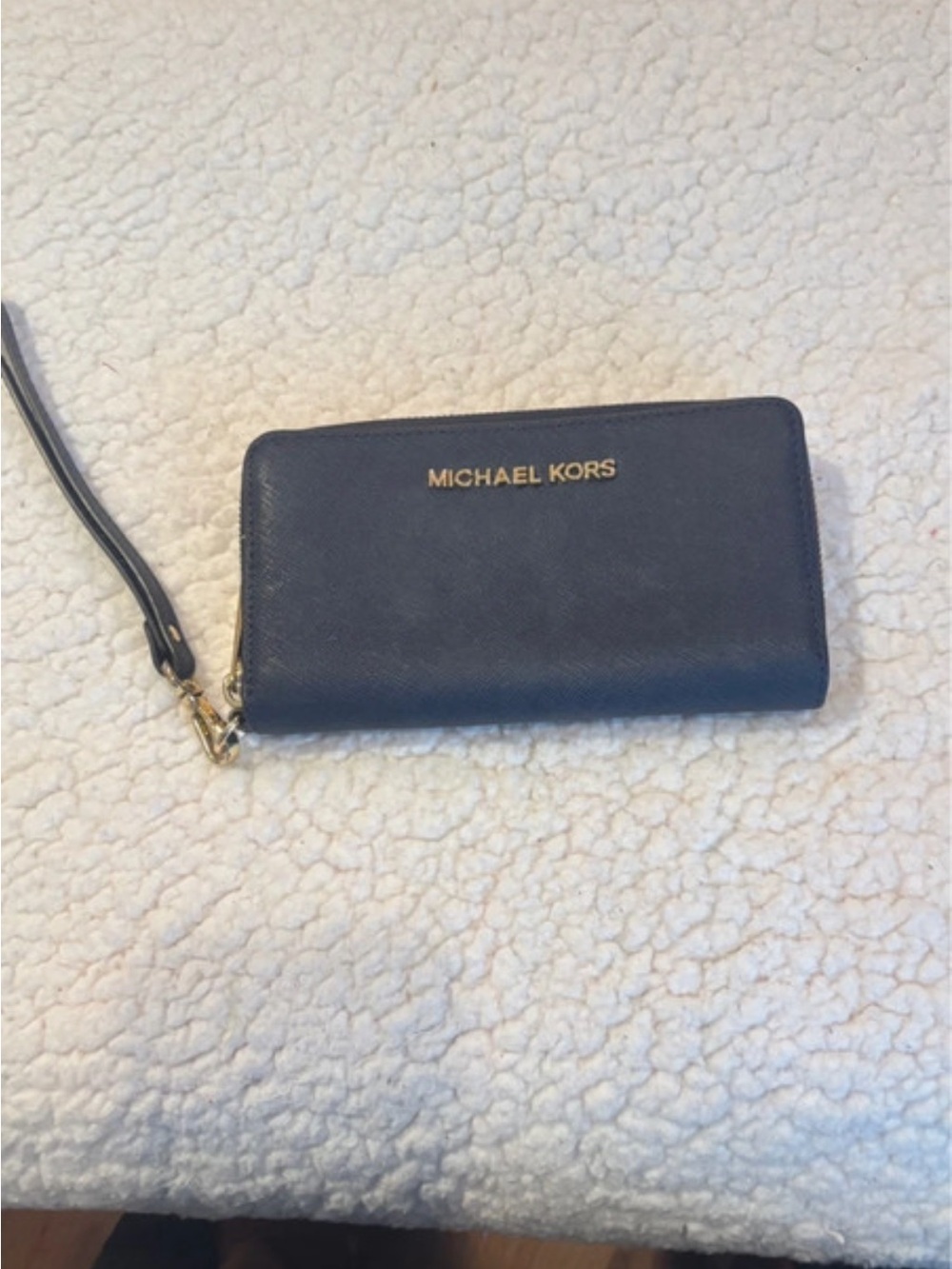 Michael Kors Navy Leather Wristlet with Gold Logo